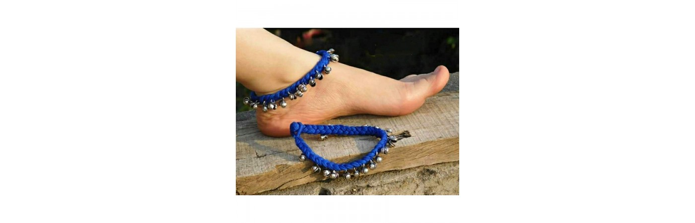 Alphabey's Tribal Style Royal Blue Threaded Anklets with Oxidized Ghungroo for Women and Girls